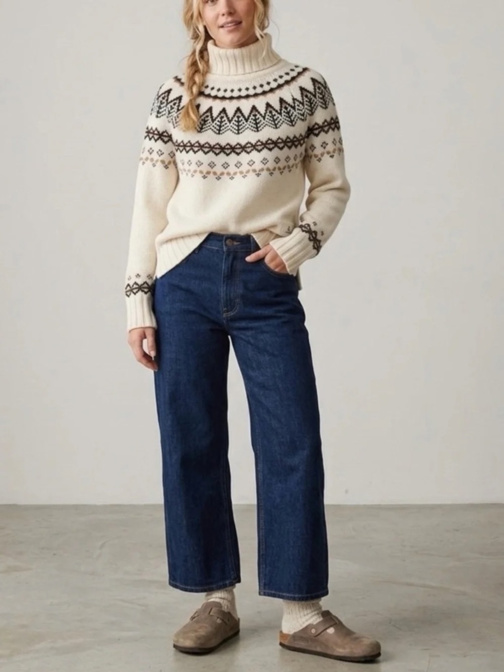 Barbour Mersea Fair Isle Wool Blend Knit Turtleneck Sweater in Aran Cream, sz 4